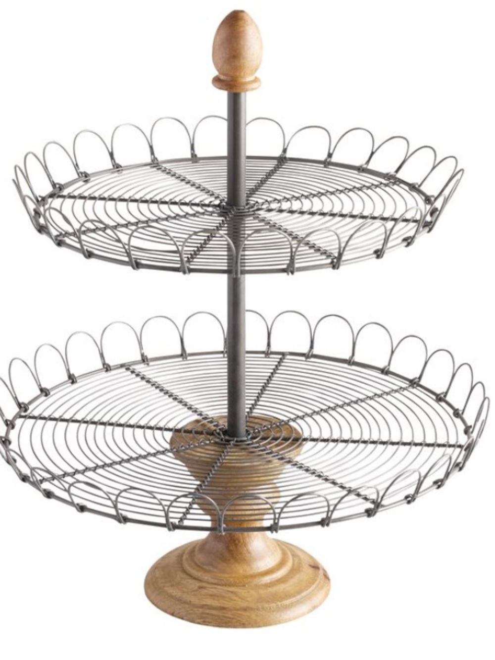 Two-Tier Wire Serving Stand with Natural Wood Base - Gray